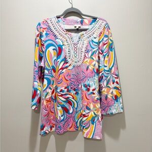Talbots Multicolor Floral Print Crochet-Trim Tunic Bright Cotton Size XL